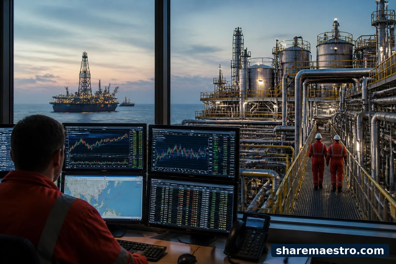 Offshore oil and gas production equipment with a market data screen representing Woodside Energy Group earnings context.