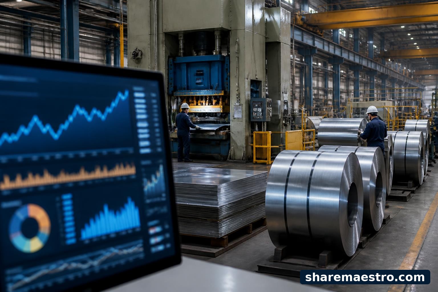 Metal fabrication floor with steel materials and a market-data screen representing Worthington Industries earnings watch.
