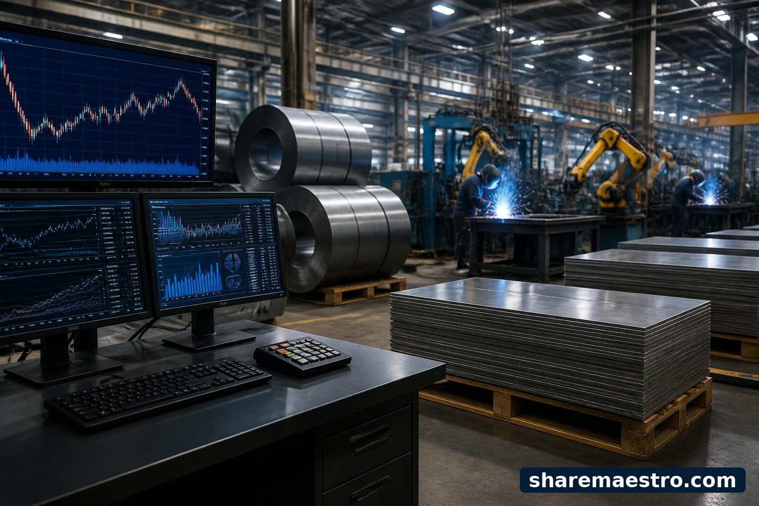 Metal fabrication floor with steel materials and a market data terminal for Worthington Industries earnings context.