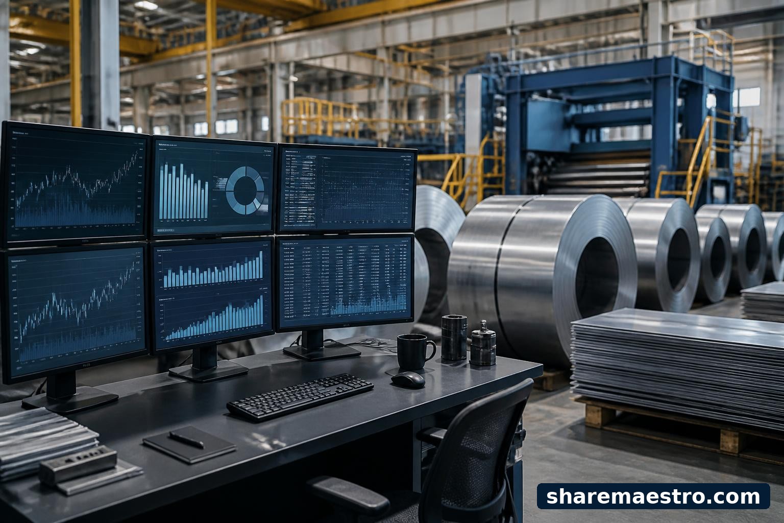 Steel coils and sheet-metal fabrication equipment beside a finance terminal, representing Worthington Industries earnings watch.