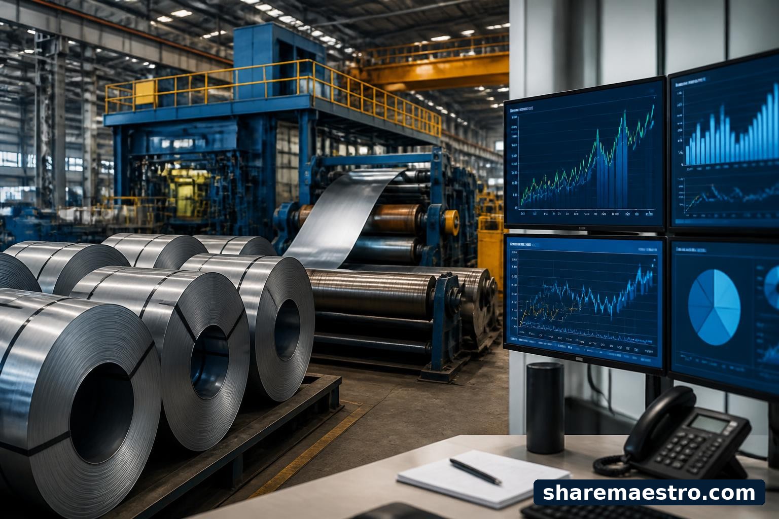 Steel coils and processing equipment at a steel facility with financial market screens in the background.