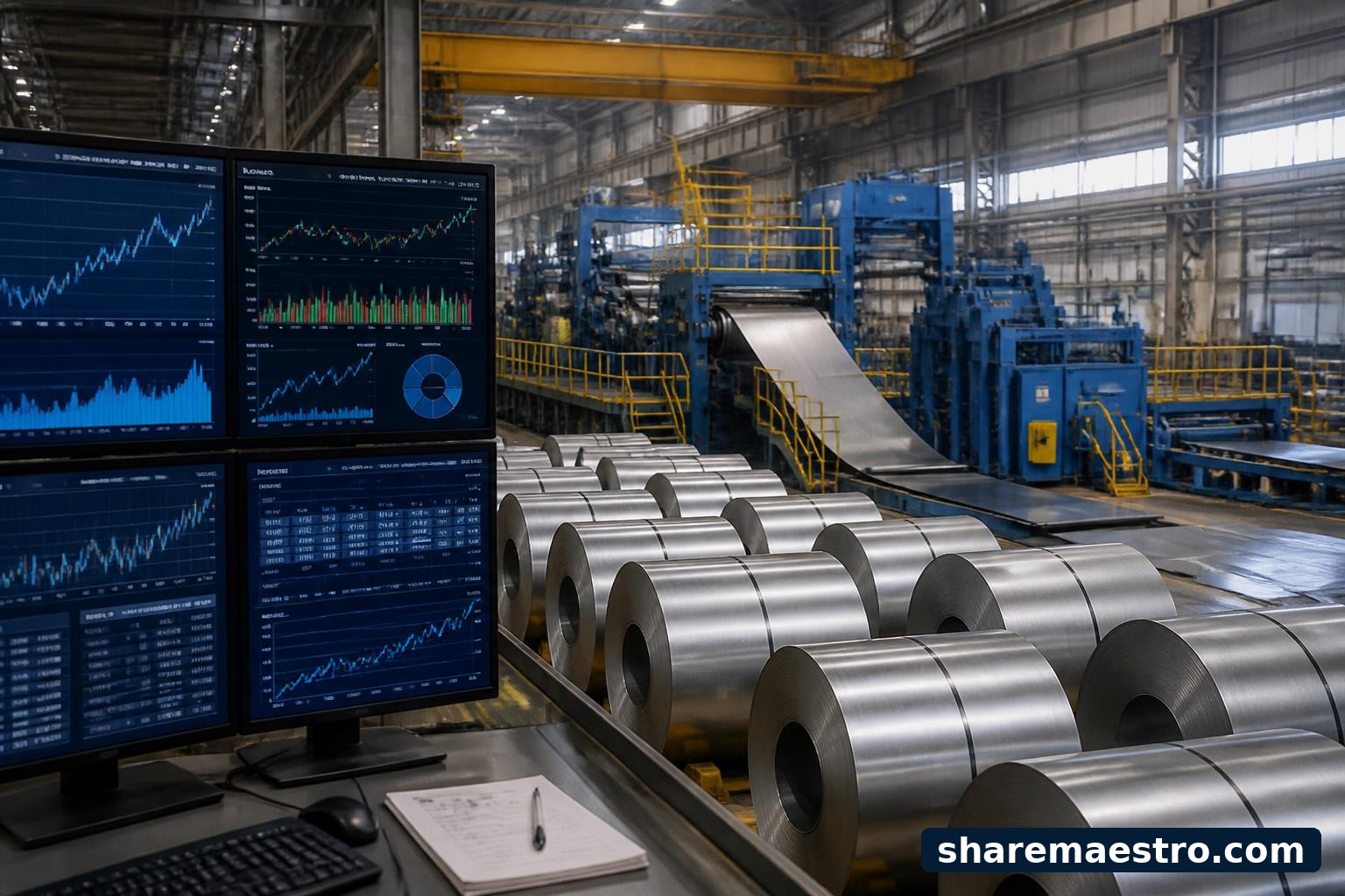 Steel coils and processing equipment at a steel facility with a market data terminal in the foreground.