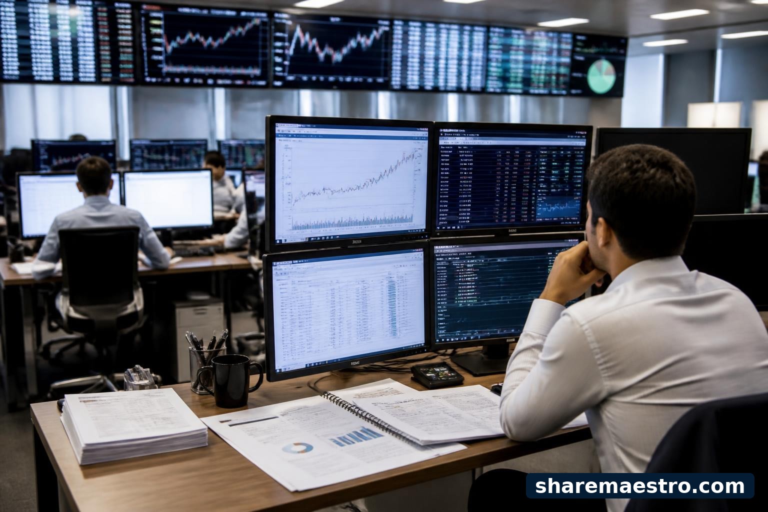 Brazilian capital-markets trading desk with financial screens and an earnings calendar representing XP Inc.