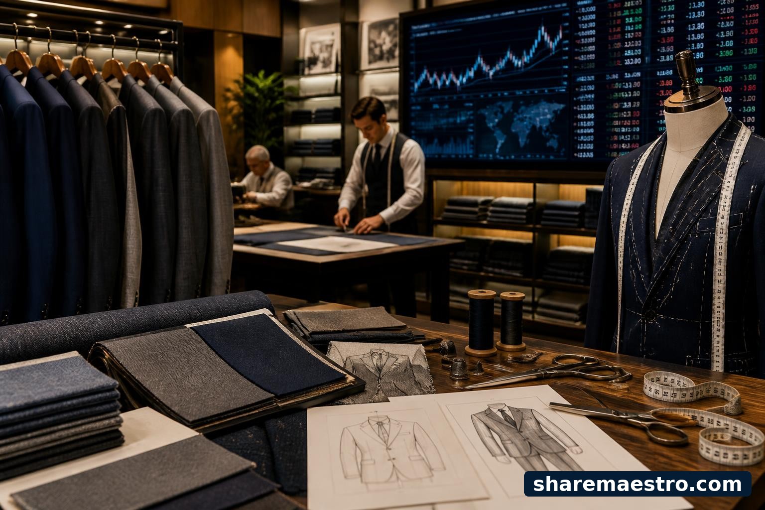 Luxury menswear tailoring workshop with market data screen for Ermenegildo Zegna earnings context.
