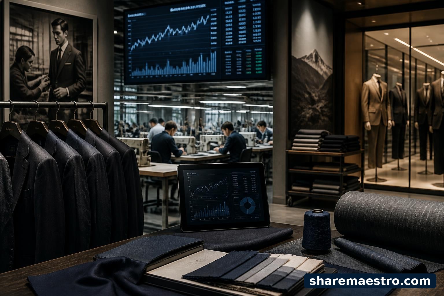 Luxury menswear production floor with suits, fabric swatches, sewing stations, and market data screens.