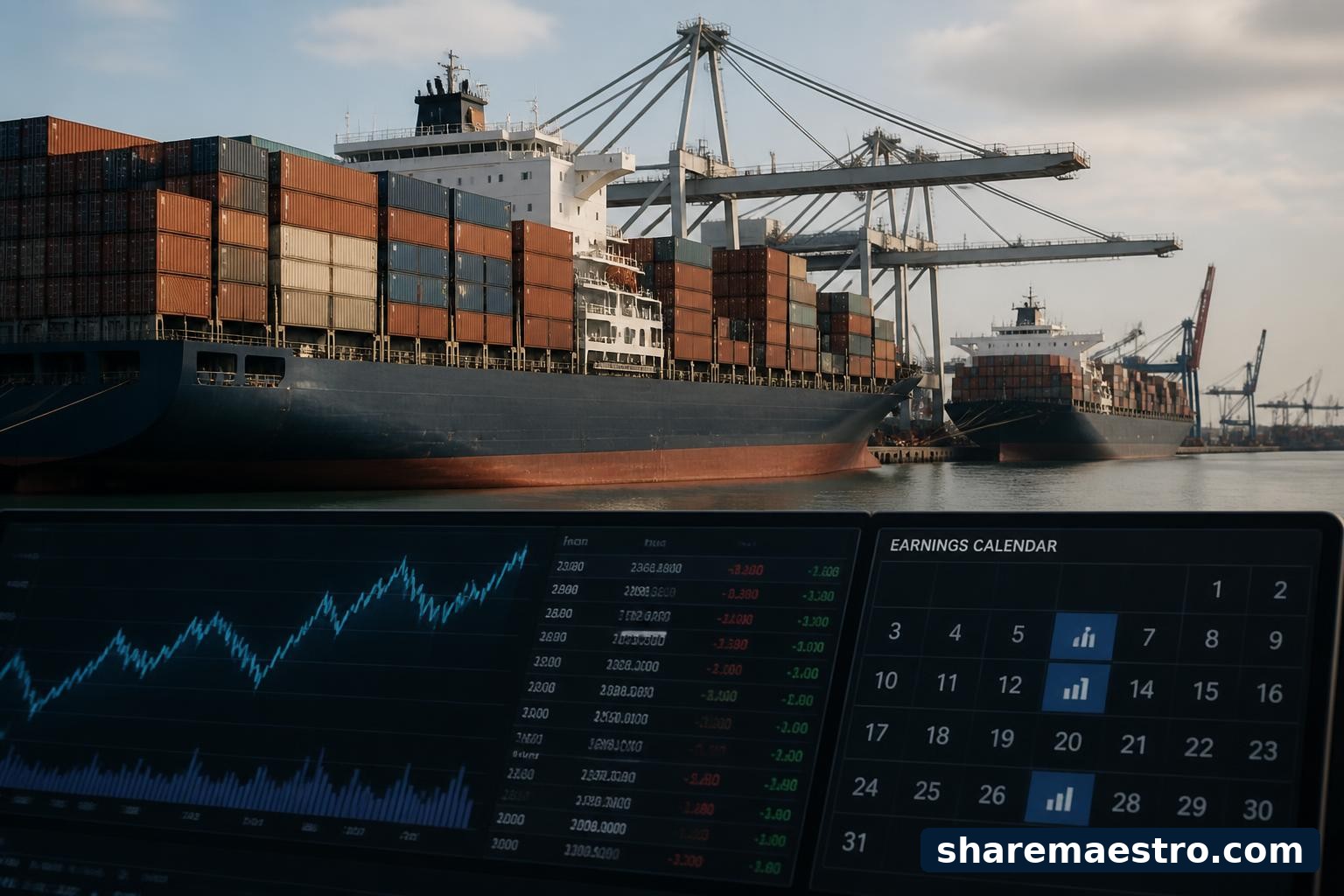 Container ships and port cranes with a financial data screen representing ZIM Integrated Shipping Services ahead of earnings.