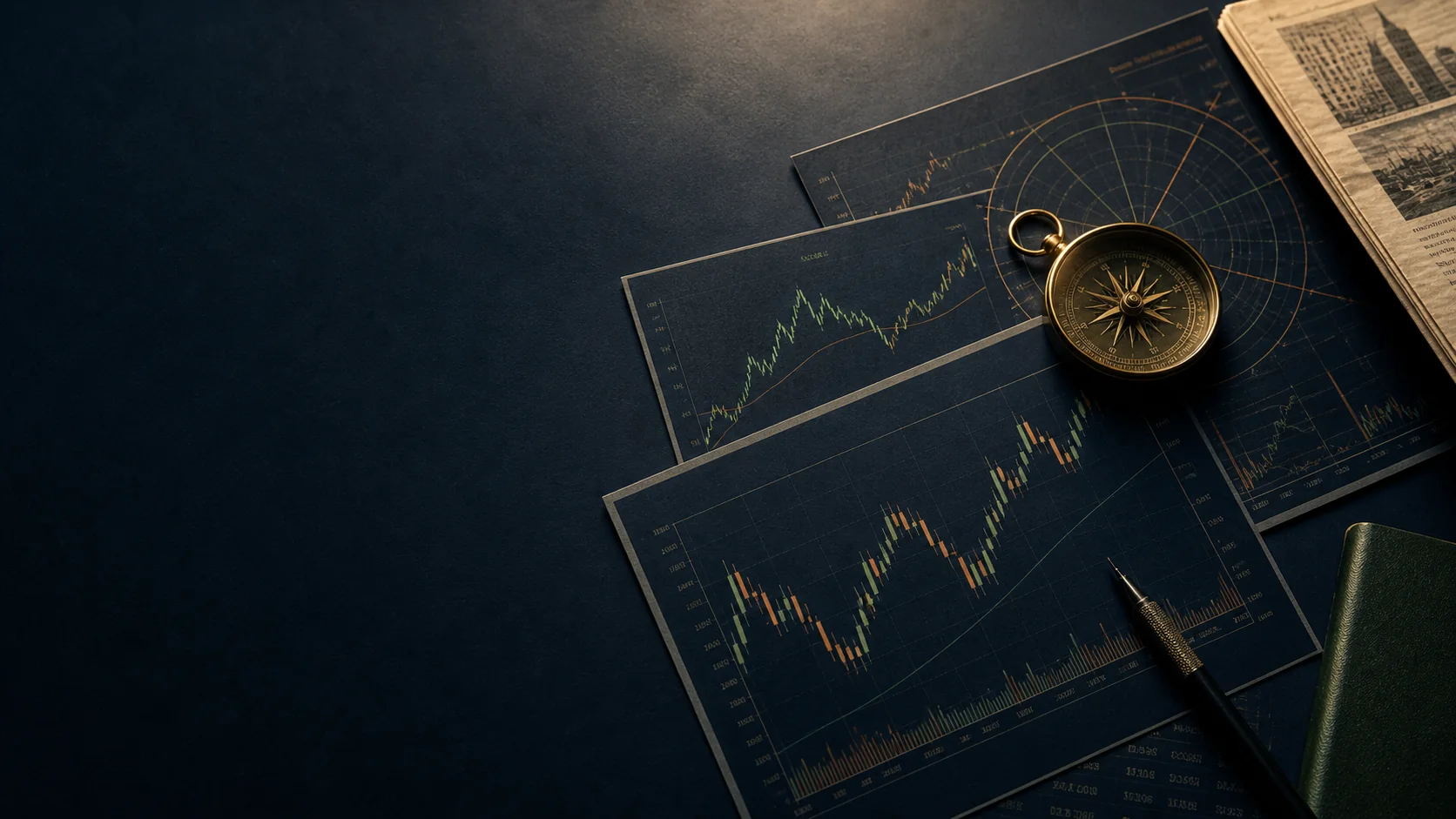 Market charts beside a precision compass
